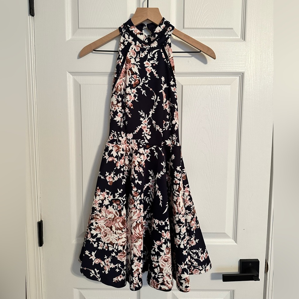 B Darlin - Juniors' Printed Mock-Neck Crochet-Trim Fit & Flare Dress